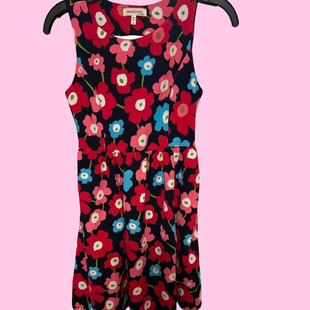 Monteau Pink, Red, Aqua and Black Floral Dress